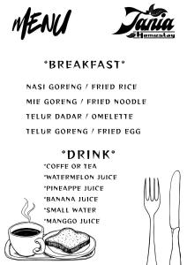 een menukaart met een gerecht en een kop koffie bij Tania Homestay in Bumbang