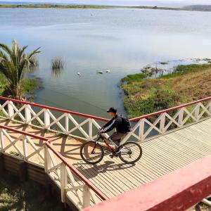 a man riding a bike on a bridge over a body of water at Casa Mirador Pichilemu in Pichilemu