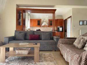 a living room with a gray couch and a table at Villa Dreamy View in Agia Ermioni