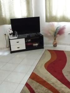 een woonkamer met een televisie en een tapijt bij Résidence Diamane Sokone in Sokone