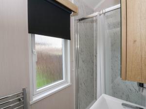 a bathroom with a window and a sink and a shower at The Family Pod - Gower in Swansea