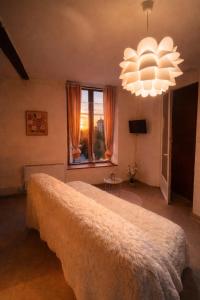 ein Schlafzimmer mit einem großen Bett und einem Fenster in der Unterkunft Appartement Terrasse à Mennetou sur Cher "La Cité Médiéval in Mennetou-sur-Cher