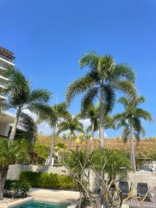 a resort with palm trees and a swimming pool at Ideal home to relax and enjoy with family in El Nance