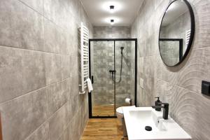 une salle de bain avec un lavabo, un miroir et une douche dans l'établissement Corno Woda Apartamenty, à Jaworki
