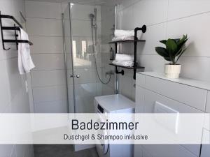 a bathroom with a shower and a toilet in it at Casa Viola Filderstadt, 2 Zimmer, komplett renoviert, top für Familien und Geschäftsreisen, super ausgestattet, PKW Stellplatz in Filderstadt