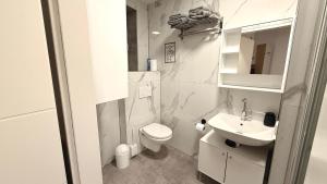 een witte badkamer met een toilet en een wastafel bij Apart Schwalbennest in Imst +5 foto's