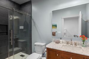 a bathroom with a shower and a toilet and a sink at The Optimist Guesthouse | 3 in Camden +18 photos