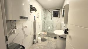 een witte badkamer met een toilet en een wastafel bij Apart Schwalbennest in Imst