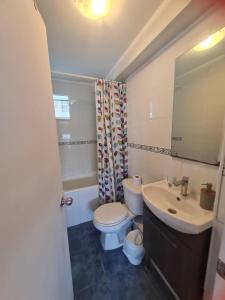 een badkamer met een toilet, een wastafel en een spiegel bij olivos 1 in La Serena