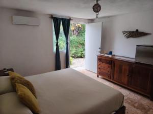 ein Schlafzimmer mit einem Bett und einem Fernseher und einem Fenster in der Unterkunft Casa Nido Bacalar in Bacalar