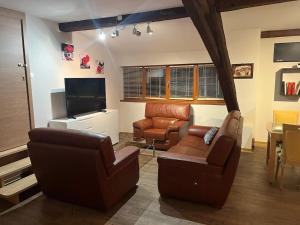 a living room with two chairs and a television at Duplex rénové avec terrasse privative à 10 mm de Colmar et Eguisheim, à 2 mm du grand axe autoroutier Strasbourg Mulhouse in Sainte-Croix-en-Plaine
