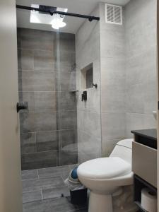 a bathroom with a toilet and a glass shower at Confortable Apartamento cerca Aerop JMC in Rionegro