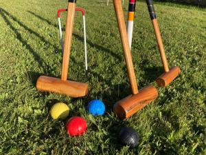 een groep honkbalknuppels en ballen in het gras bij 5 Bed in Fitzhead 95570 in Fitzhead