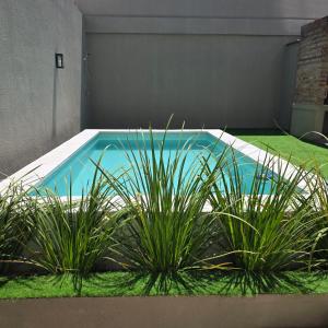 a swimming pool with plants in a yard at LaFaldaStayBahia - Confort y Bienestar garantizado in Bahía Blanca