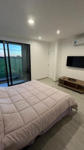 une chambre avec un grand lit et une télévision à écran plat dans l'établissement Dúplex con Garage Esperanza, à Esperanza