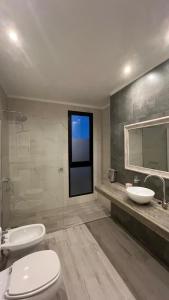 une salle de bains avec toilettes, lavabo et miroir dans l'établissement Dúplex con Garage Esperanza, à Esperanza