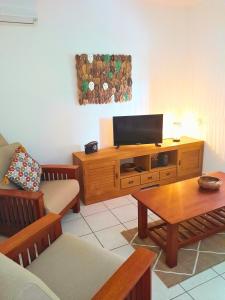 a living room with a television on a wooden entertainment center at La Case Auvergnate in Anse-Bertrand