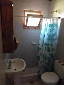 a bathroom with a sink and a toilet and a shower curtain at Deptos Eliana in El Bolsón