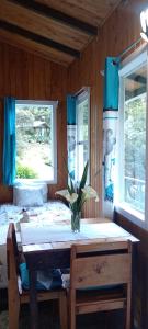 een houten kamer met een tafel en twee ramen bij Miriam'S Quetzals lodge in San Gerardo de Dota