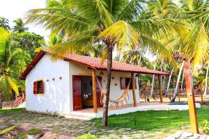 una piccola casa con un'amaca accanto a una palma di Chalé Refúgio dos Corais 1 a Japaratinga
