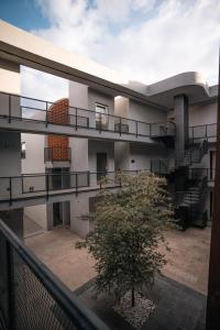 Luchtfoto van een gebouw met een trap en een boom. bij Hotel Agua de Plata in San Luis Potosí