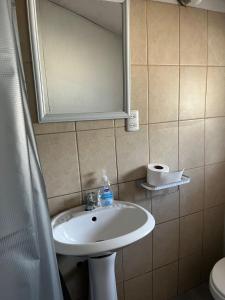 ein Badezimmer mit Waschbecken, Spiegel und Toilette in der Unterkunft Hospedaje La Cascada in Futaleufú + 9 Fotos