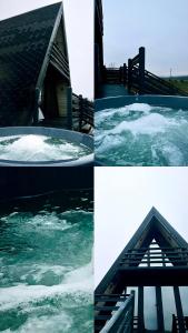 four pictures of a pool of water with a house at Hill House in Slobozia-Măgura