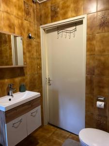 een badkamer met een douche en een witte deur bij Huize Kroezzz in Goor