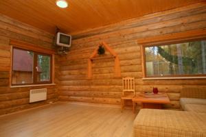Sala de estar de una cabaña de madera con cama y TV en Guest House Gaujaspriedes en Gauja