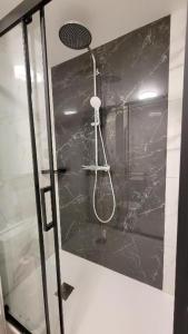 een badkamer met een douche en een zwarte marmeren muur bij Cozy Apartment Bicetre in Le Kremlin-Bicêtre