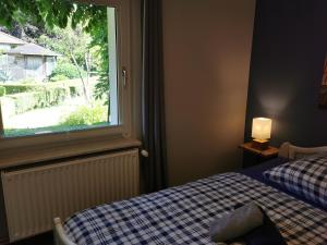 een slaapkamer met een bed en een raam bij 07 Birkenhain - Hof Wiesengrund in Parchtitz