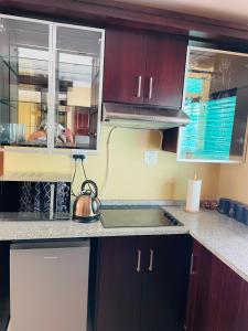 een keuken met houten kasten en een waterkoker op het aanrecht bij Loreho boutique in Mahikeng +19 foto's