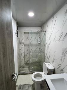 een badkamer met een douche, een toilet en een wastafel bij Mavile ViSa in La Tebaida