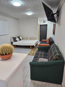 un soggiorno con 2 divani e un divano di BOMBA Apartman a Târgu Secuiesc