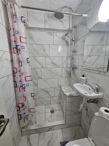 un bagno bianco con lavandino e doccia di BOMBA Apartman a Târgu Secuiesc Altre 4 foto