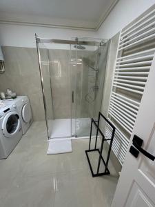 een badkamer met douche en wasmachine bij Apartman MARIA 3 in Kutina +25 foto's