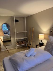 een slaapkamer met een bed met een spiegel en een ladder bij See-Maisonette mit Wellness-Sauna in Öhningen +11 foto's