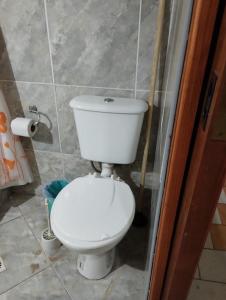 a white toilet in a bathroom with a glass door at Depto TOMY in Mar de Ajó