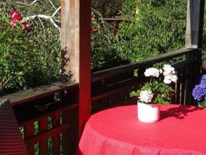 a table with a red table cloth and flowers on it at Apartment Jakobs by Interhome in Vlotho