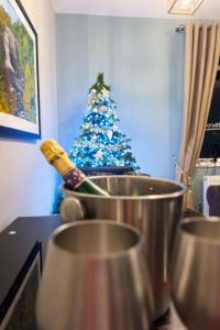 een kerstboom in de hoek van een kamer met een fles champagne bij The Hideaway in Durham