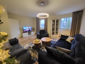 a living room with a blue couch and a tv at KRUNA Apartment in Cazin