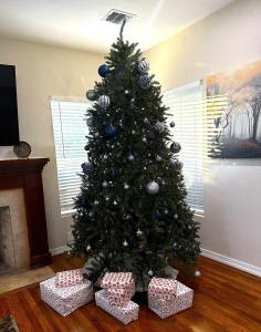 een kerstboom met cadeautjes eronder in een woonkamer bij River Side Private Retreat in Seguin