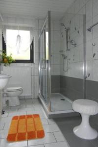 a bathroom with a shower and a toilet and a sink at Apartment im Teutoburger Wald by Interhome in Schieder +22 photos