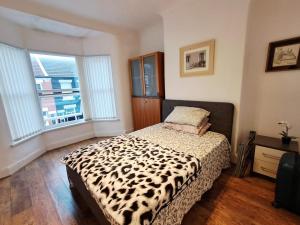 a bedroom with a leopard print bed and two windows at 16 Skipton Road in Liverpool