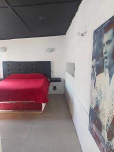 a bedroom with a red bed and a poster of a man at Cabañas las vegas in San Antonio