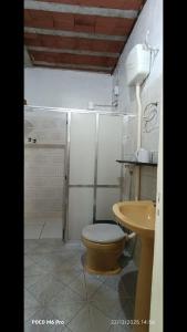 een badkamer met een toilet, een wastafel en een douche bij POUSADA Cantinho e Sossego casa 1 in Vespasiano +5 foto's