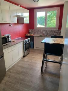 eine Küche mit roten Wänden und einem Tisch und Stühlen in der Unterkunft Au pied des quais avec balcon in Auxerre