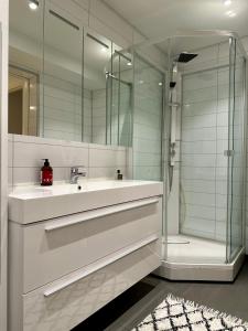 a bathroom with a sink and a shower at Nordic Panorama in Tromsø +12 photos