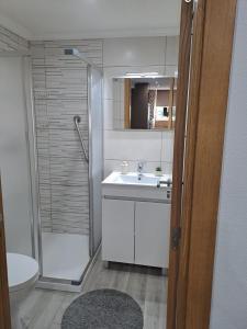 een badkamer met douche, wastafel en toilet bij CriCastelo - Alojamento Local in Trancoso