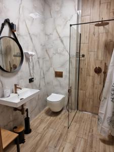 ein Badezimmer mit Dusche, Toilette und Waschbecken in der Unterkunft Apartament z tarasem in Kutno